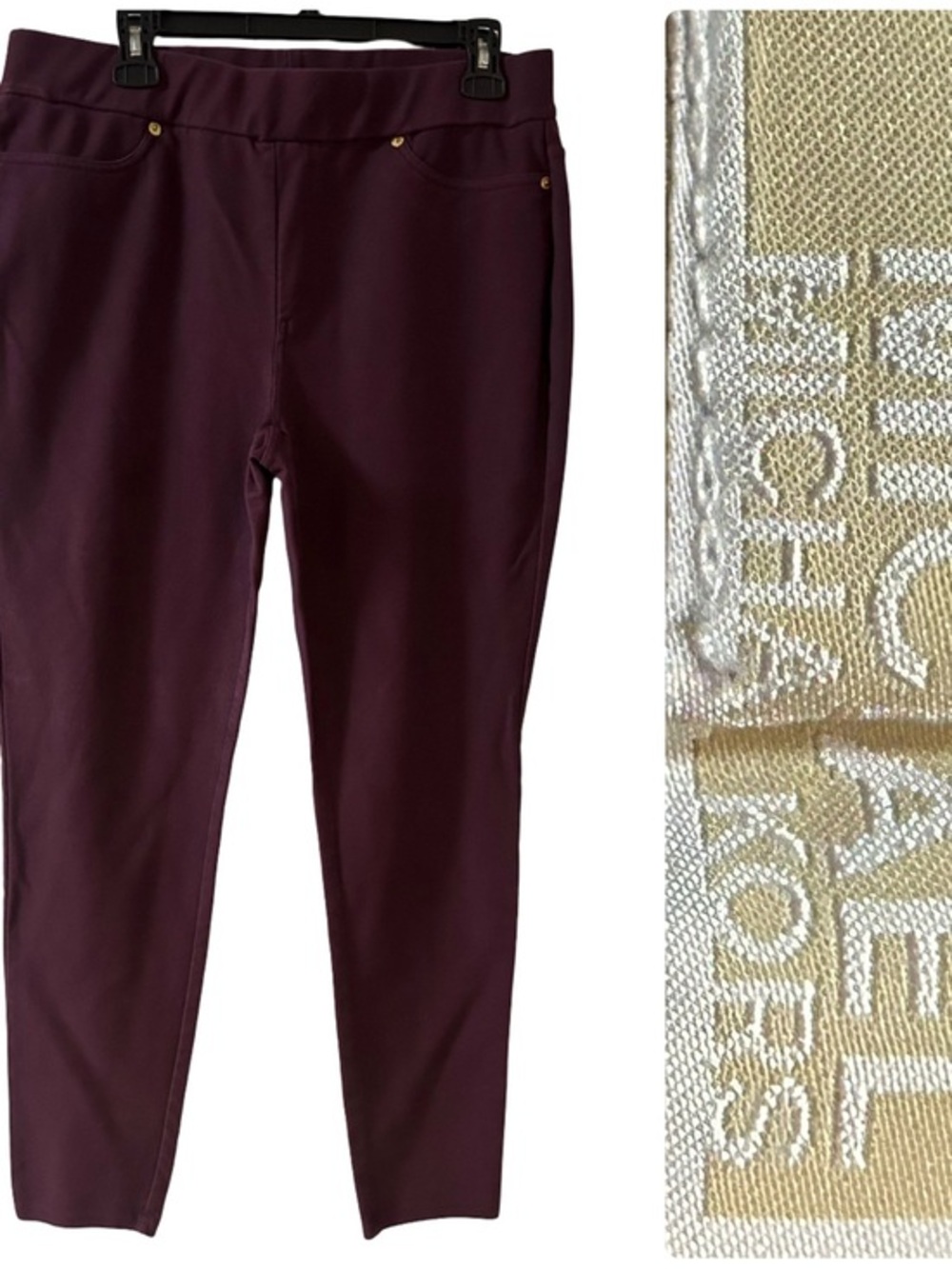Michael Kors Burgundy Plum Pull On Stretch Skinny Pants with Gold-Tone Details